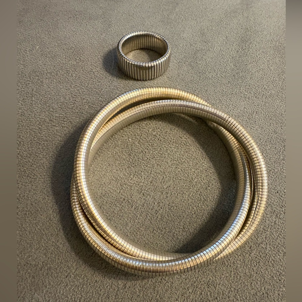 Designer Sterling Silver Double Wrap Coil Stretchable Bracelet Matching Ring 925 - Picture 4 of 8